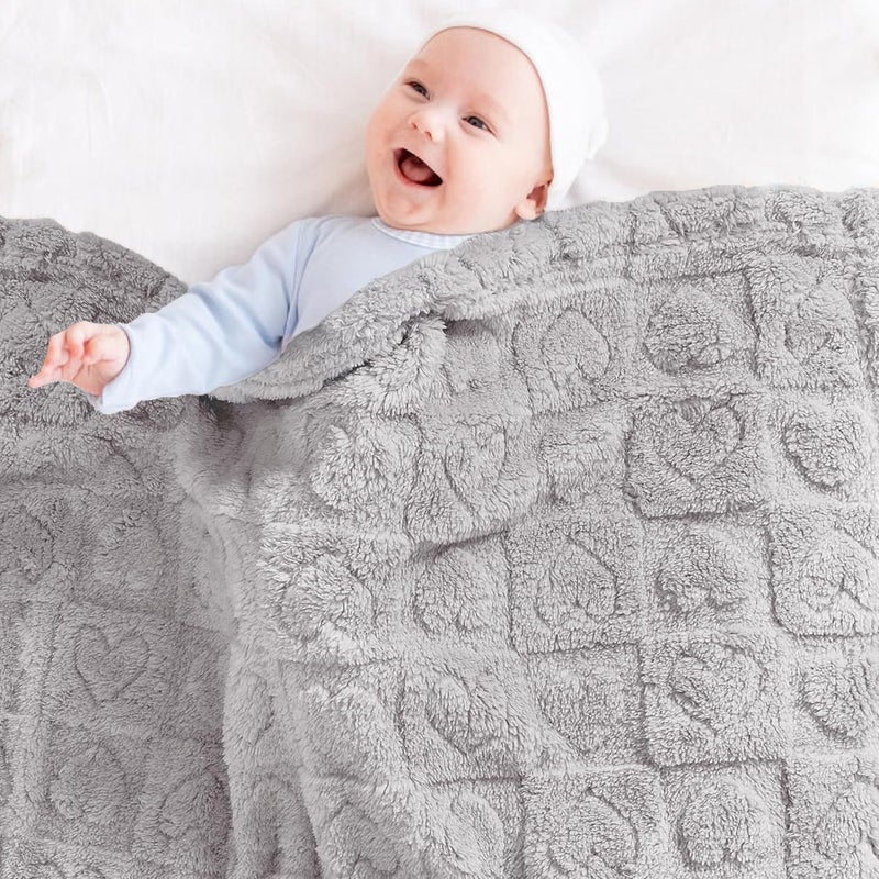Yurhap Fleece Baby Blanket Heart Checkered, Ultra Soft Cozy Baby Blankets for Boys Girls, Fluffy Infant Toddler Newborn Receiving Gifts for Crib Stroller 30"x40" (Silver Grey) - Image 3